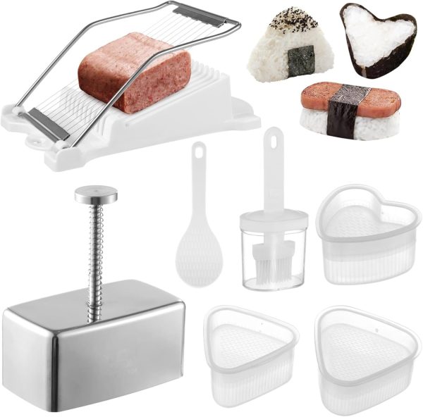 DIY Mold Set, Sushi Making Tool Kit with Rice Molds, Stainless Steel Press Mold, Slicer, Rice Spoon, and Oil Brush, 7 Pcs Mold Kit