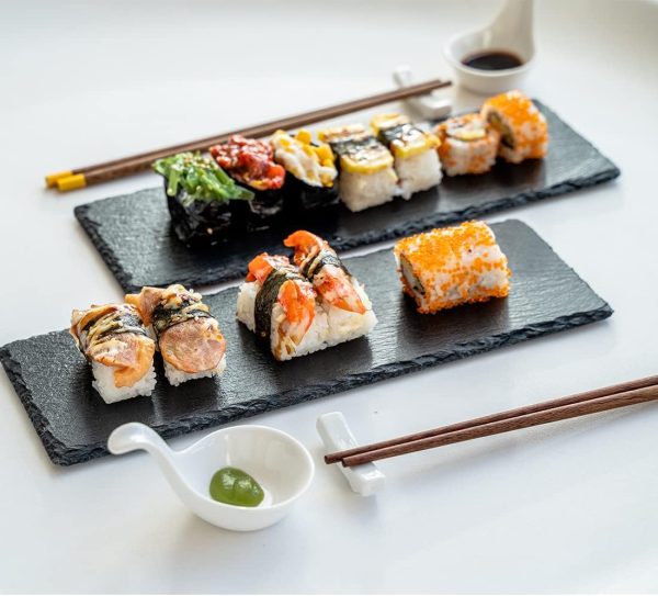 Sushi Plate Set, Natural Slate Sushi Serving Dishes, Japanese Dinnerware Sets with 2 Soy Sauce Bowls, 2 Pairs of Chopsticks and Holders for Wedding Housewarming