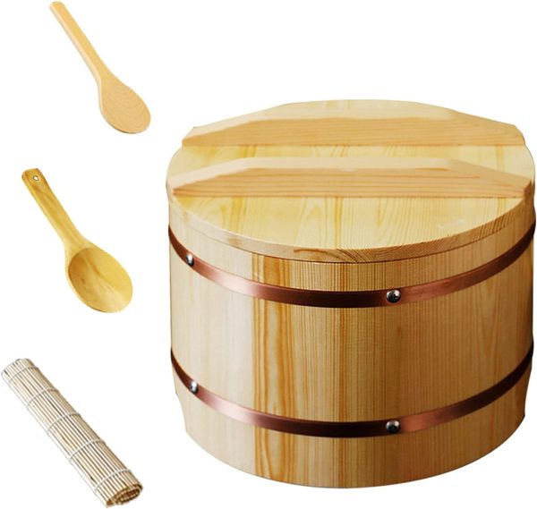 Sushi Rice Bowl with Lid, Beginners DIY Making Sushi 4 PCS Kit(Free Spoon, Roller Blind, Shovel), for Knead The Dough & Making Sushi & Place Rice,Small