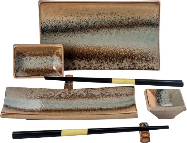 Ceramic Sushi Plate Set for 2 people,Japanese Dinnerware Gift Set,8 Piece Sushi Serving Set, Include Sushi Plates, Sauce Dishes, Chopsticks & Holders, Light Brown