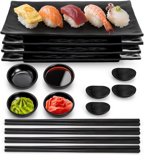 16 Pcs Sushi Plate Set, Melamine Sushi Serving Dishes, Japanese Dinnerware Sets with 4 Sushi Trays, 4 Soy Sauce Bowls 4 Pairs of Chopsticks and Holders, Wedding Housewarming Gift, Black