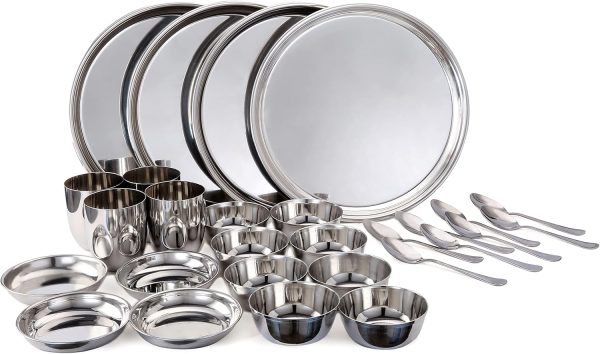 Stainless Steel Dinner Set | 4 Stainless Steel Plates, 8 Bowls, 8 Shiny Spoons, 4 Conical Glasses 4 Halwa Plates | Corrosion, Rust Resistant | Ideal For Indian Household | Eco-Friendly